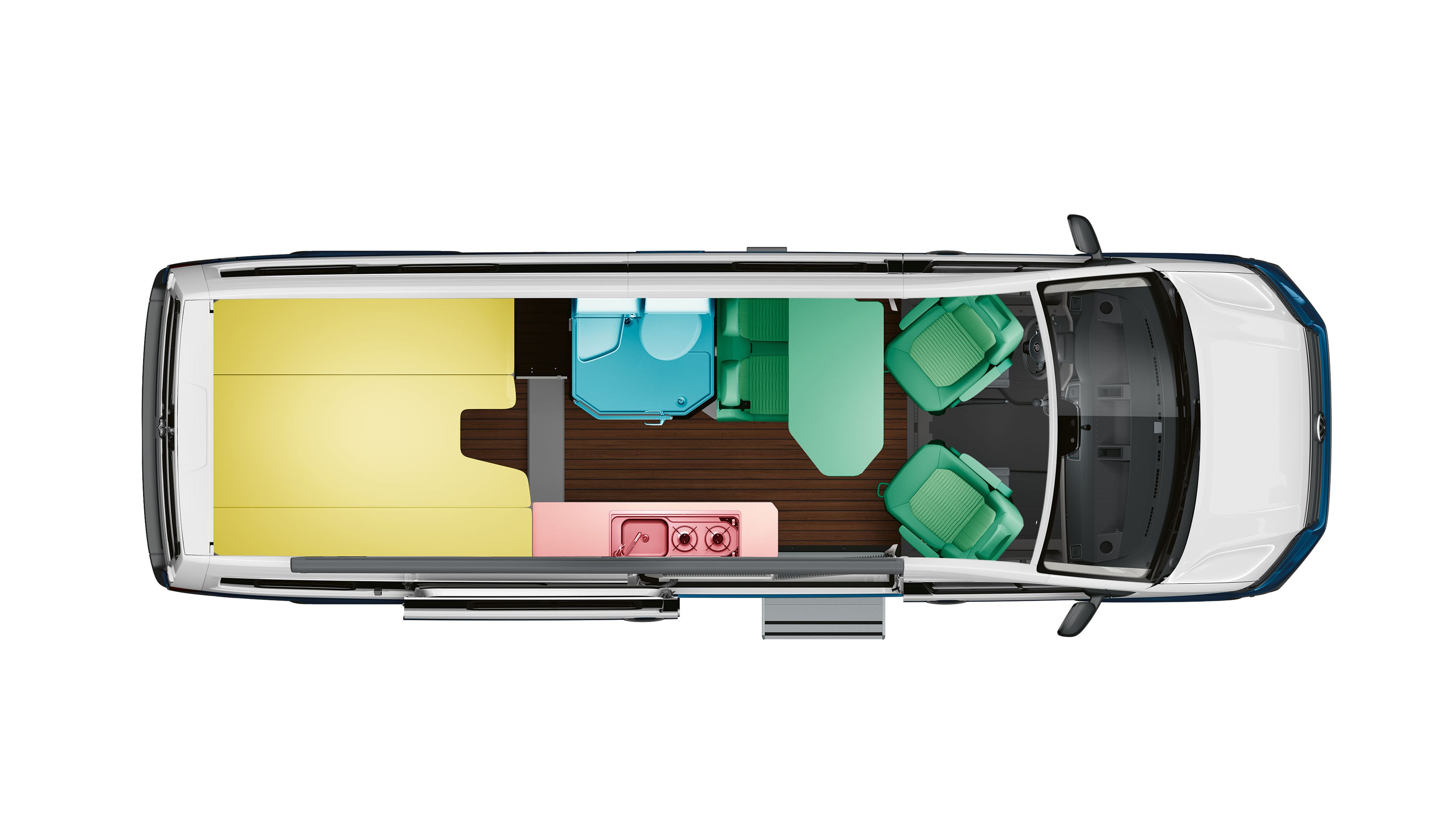 Uma vista ilustrada da disposição do quarto no VW Grand California 680 com cama traseira no sentido longitudinal.