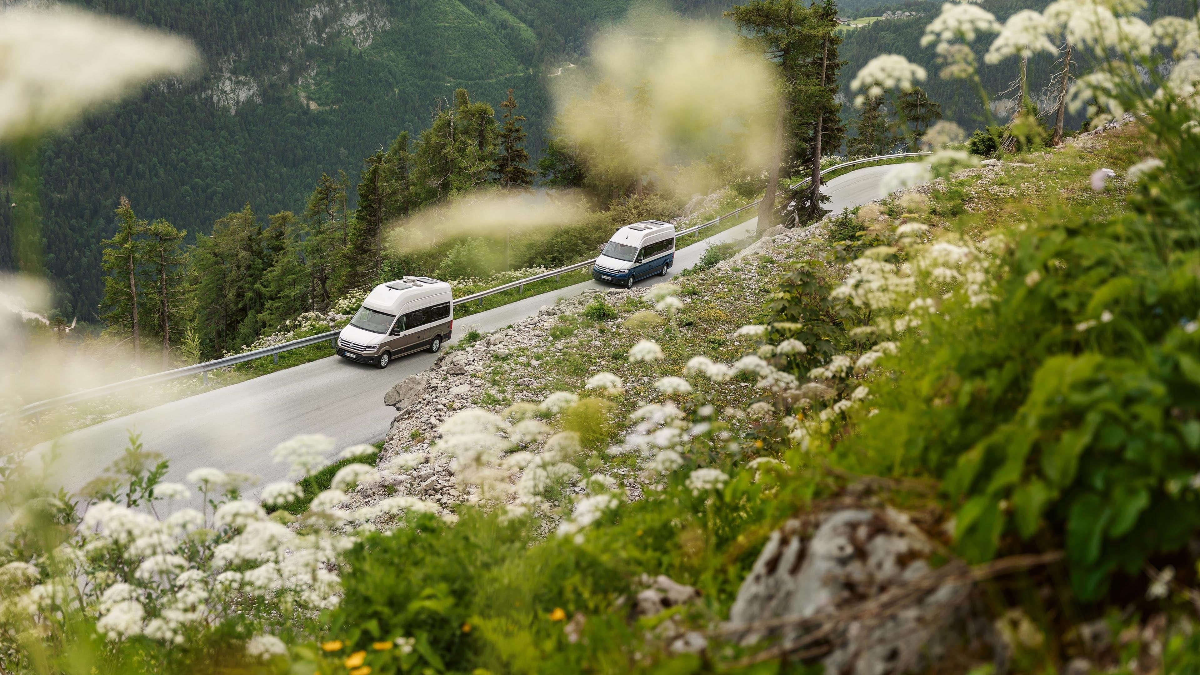 Duas Grand California a passar por um desfiladeiro de montanha verde.