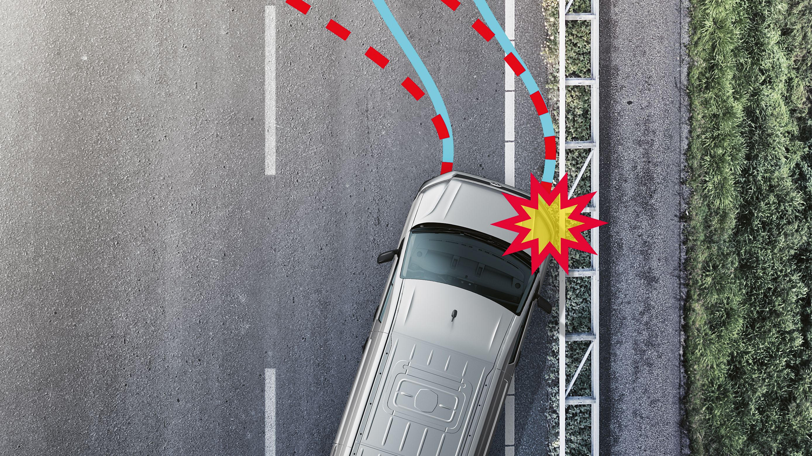 Ilustração de vista de cima, demonstrativa do sistema de travagem automático pós-colisão