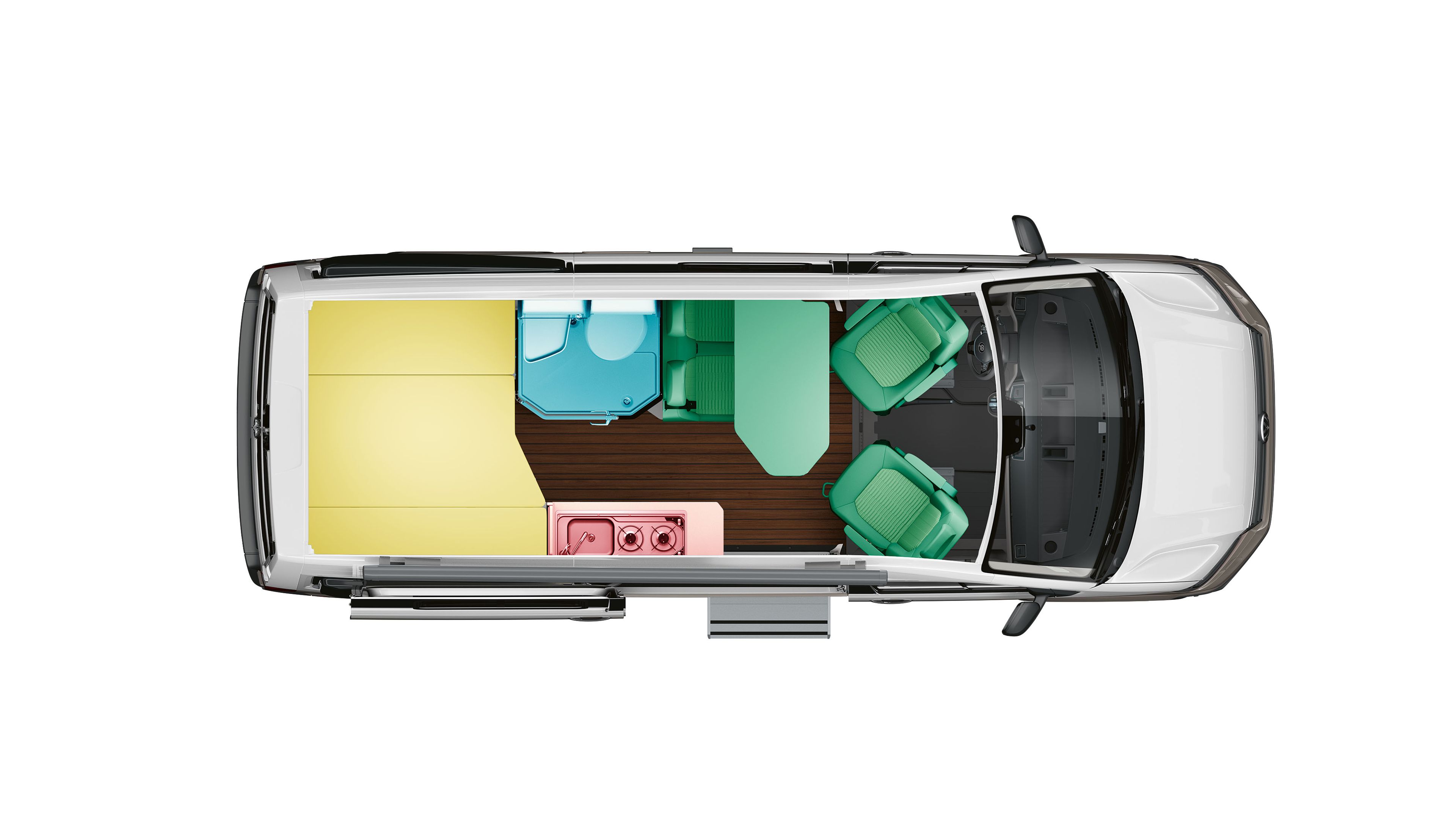 Uma vista ilustrada da disposição do quarto no VW Grand California 600 com cama traseira em direção transversal. 