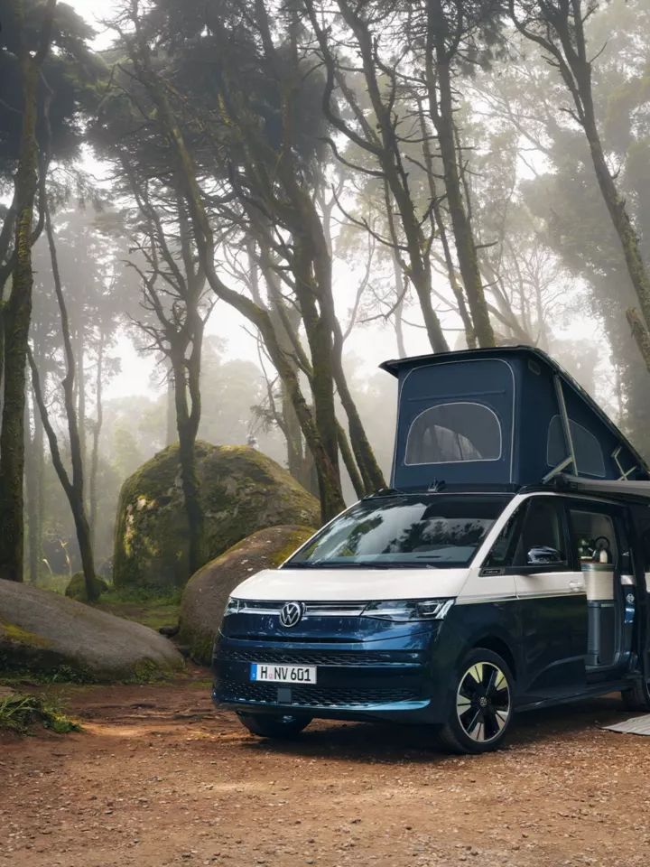 Um casal estacionado com a sua Volkswagen California junto a um lago admira a natureza.