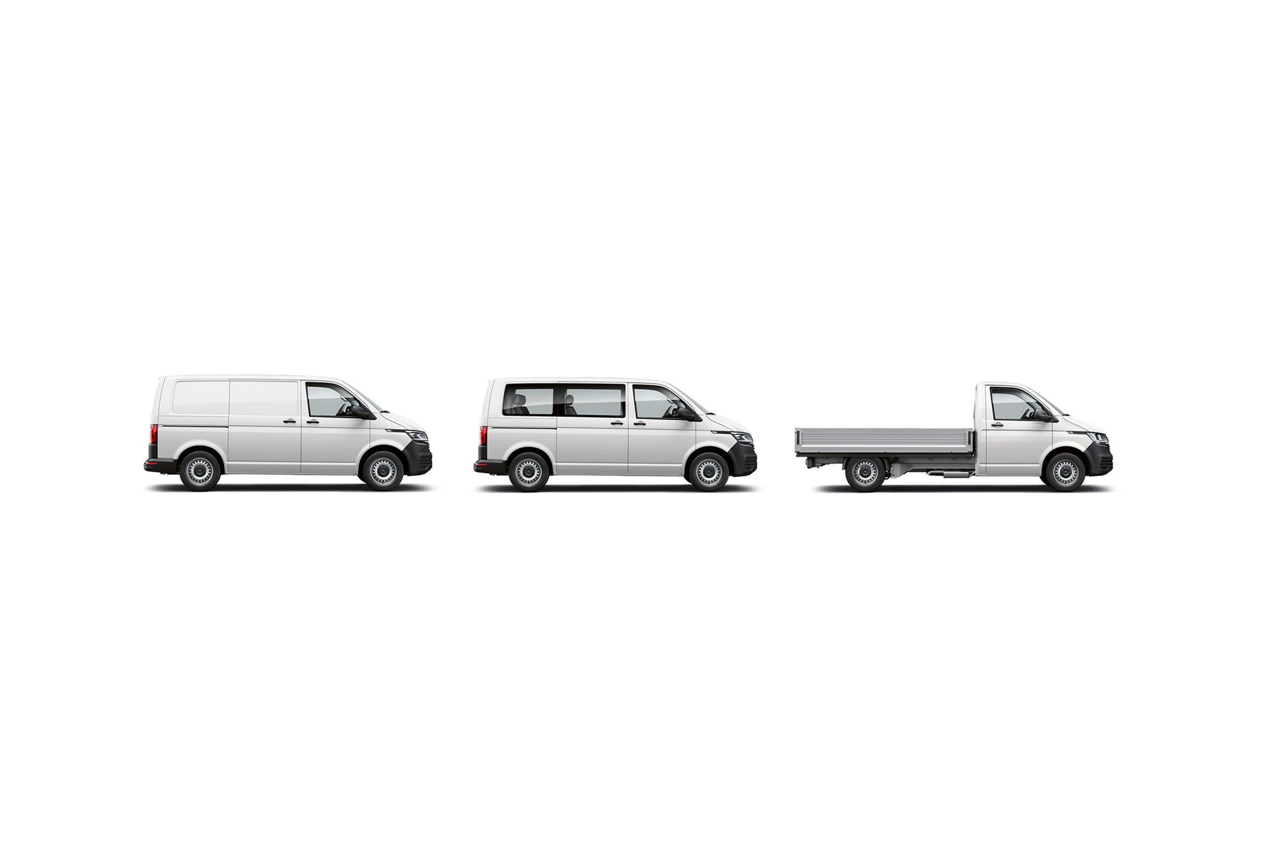 3 versões da carrinha comercial VW Transporter: carga de mercadorias, de passageiros e de caixa aberta.