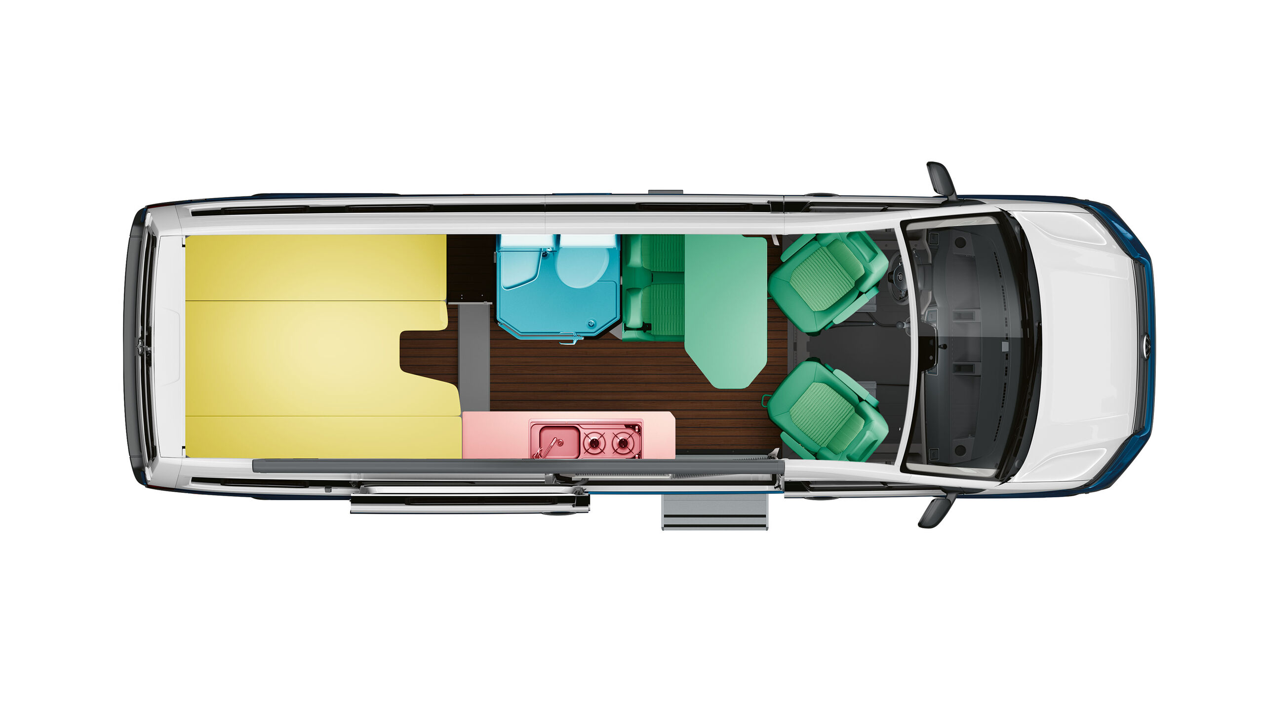 Uma vista ilustrada da disposição do quarto no VW Grand California 680 com cama traseira no sentido longitudinal.