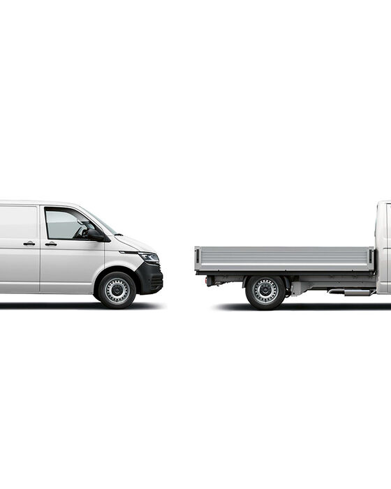 2 versões da carrinha VW Transporter: furgão e caixa aberta.