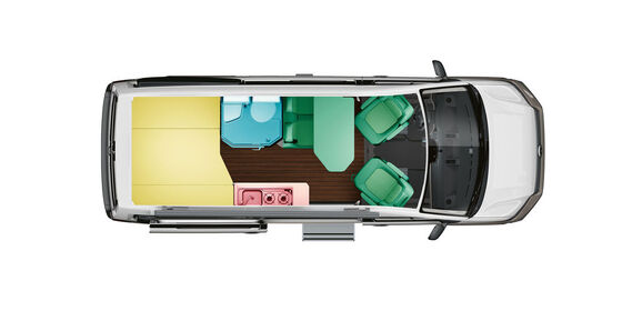 Uma vista ilustrada da disposição do quarto no VW Grand California 600 com cama traseira em direção transversal. 